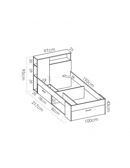 Cama compacta con cabezal estantería y arcón FABIEN