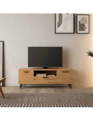 Mueble TV de 200 cm. acabado Lacado en grafito brillo y artisan de