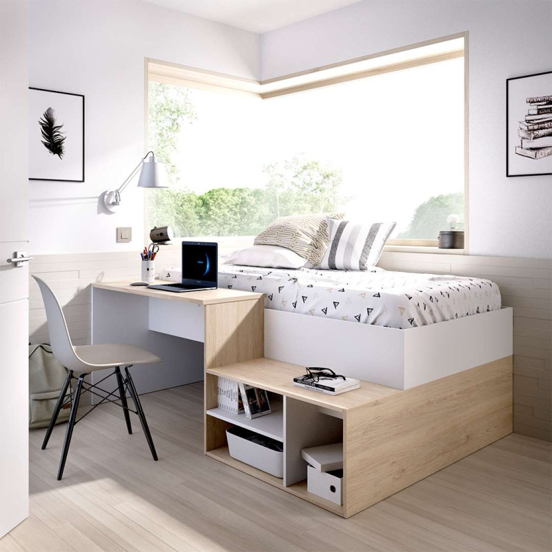 Habitación juvenil con cama compacta y escritorio.