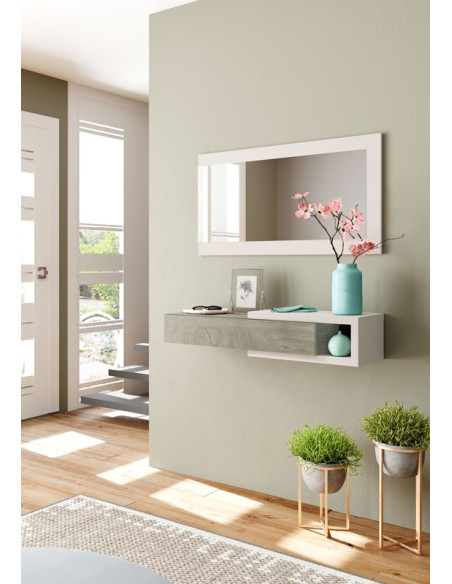 Habitdesign - Mueble recibidor con cajón y espejo incluido color Blanco  Brillo y Fresno…