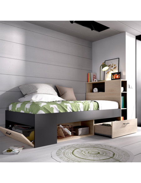 Cama compacta con cabezal estantería y arcón FABIEN