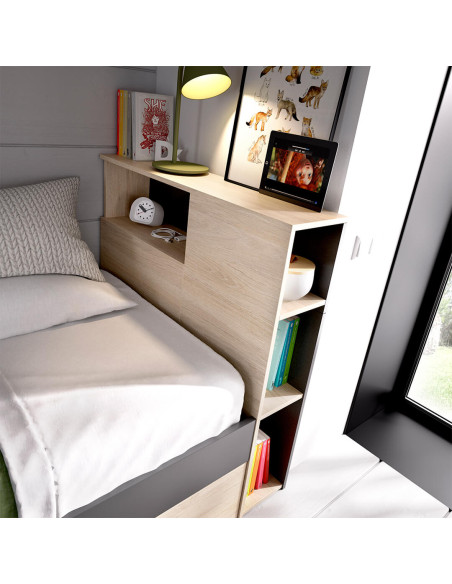 Cama compacta con cabezal estantería y arcón FABIEN