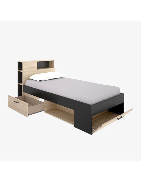 Cama compacta con cabezal estantería y arcón FABIEN