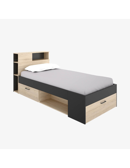 Cama compacta con cabezal estantería y arcón FABIEN