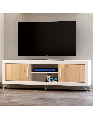 Mueble TV de 200 cm. acabado Lacado en grafito brillo y artisan de