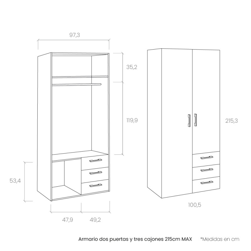 Armario dos puertas y tres cajones 215cm MAX