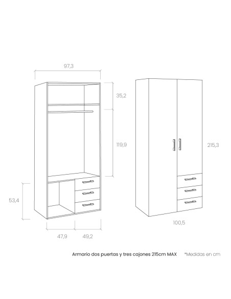 Armario dos puertas y tres cajones 215cm MAX