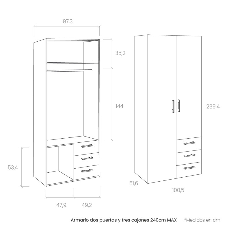 Armario dos puertas y tres cajones 240cm MAX