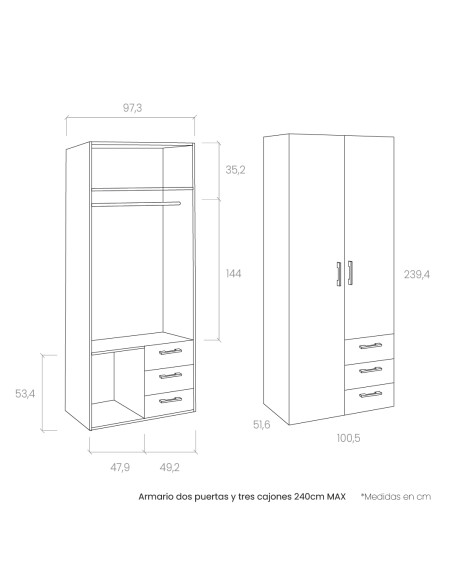 Armario dos puertas y tres cajones 240cm MAX