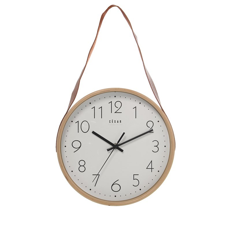Reloj pared madera color haya con colgador con polipiel Ø26 cm